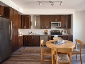 Modern apartment kitchen with dark wood cabinets, stainless steel appliances, and round dining table