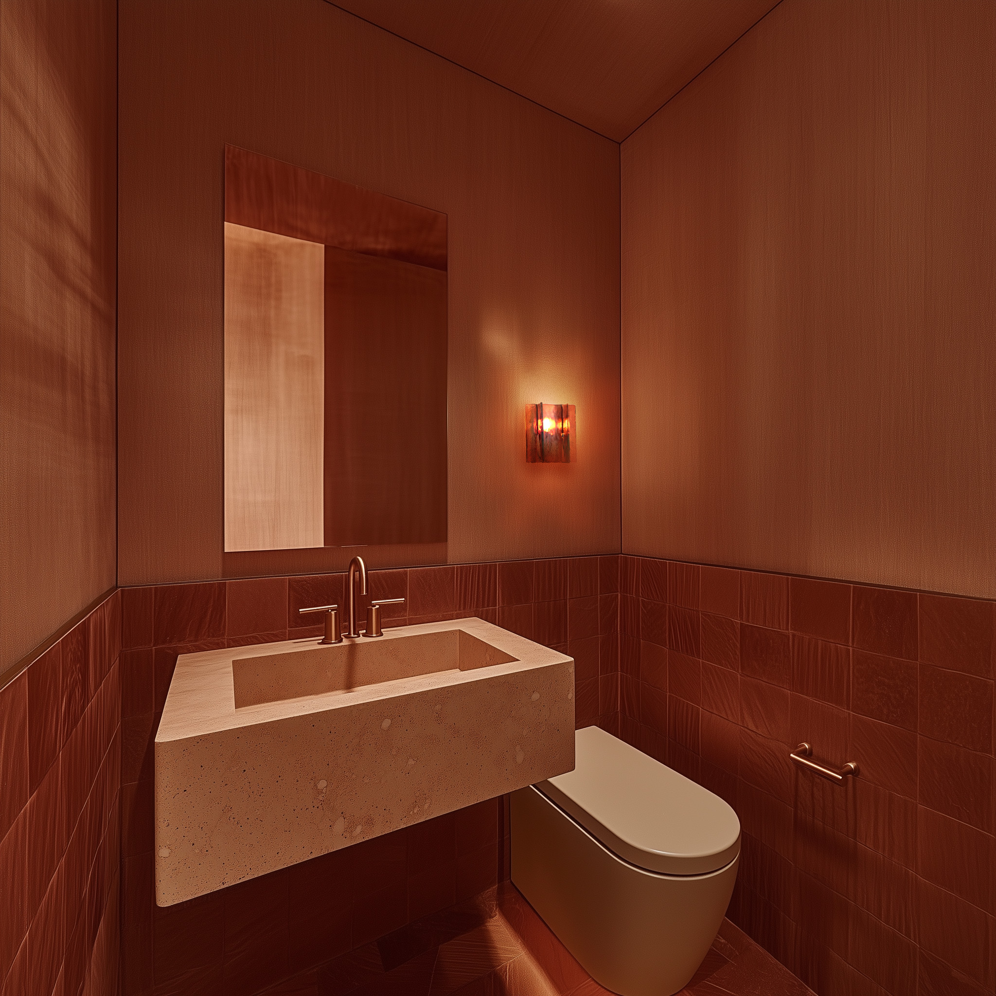 Austin TX Spanish restaurant bathroom with terracotta tile walls, floating stone sink, warm lighting and modern minimalist design