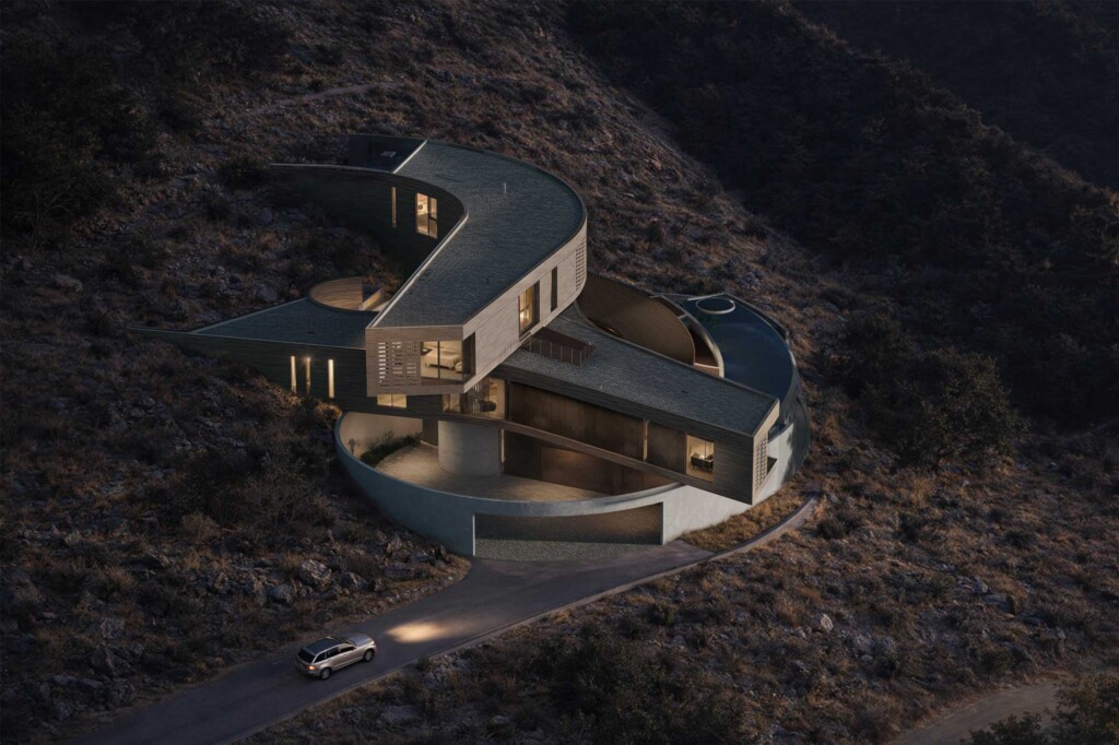 Aerial view of curved hillside residence with sweeping S-shaped green roof and modern concrete forms