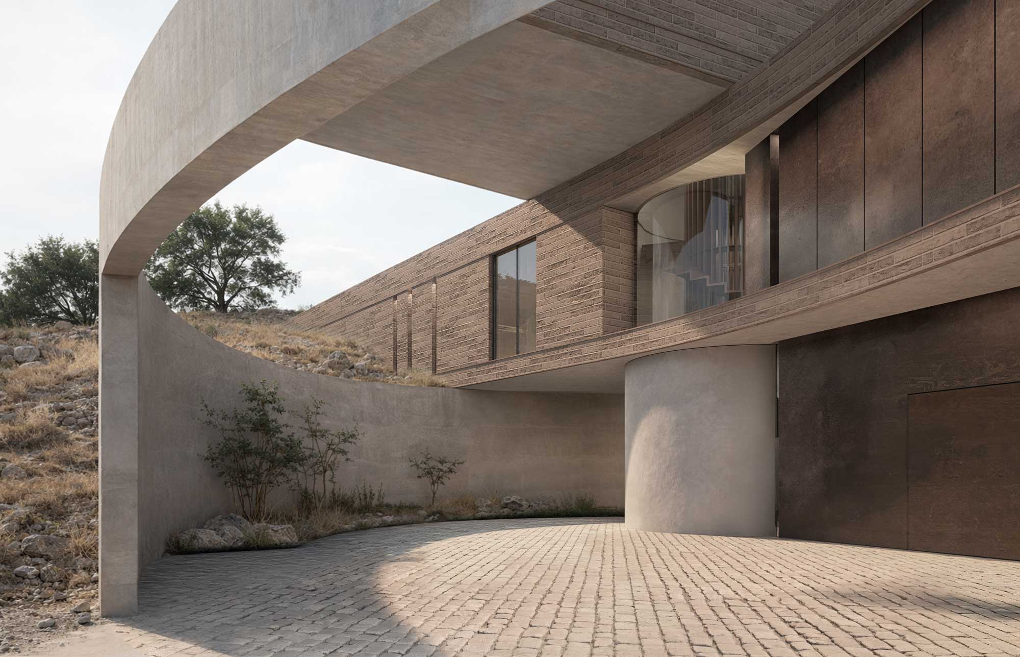 Curved concrete canopy over cobblestone courtyard with brick and weathered steel facade residence