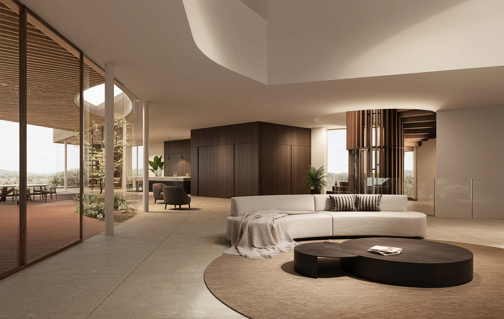 Modern open-plan living space with curved white sofa, dark wood kitchen volume, and slatted timber