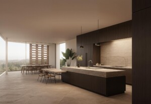 Modern open kitchen with dark wood cabinetry, stone island, dining area and floor-to-ceiling windows