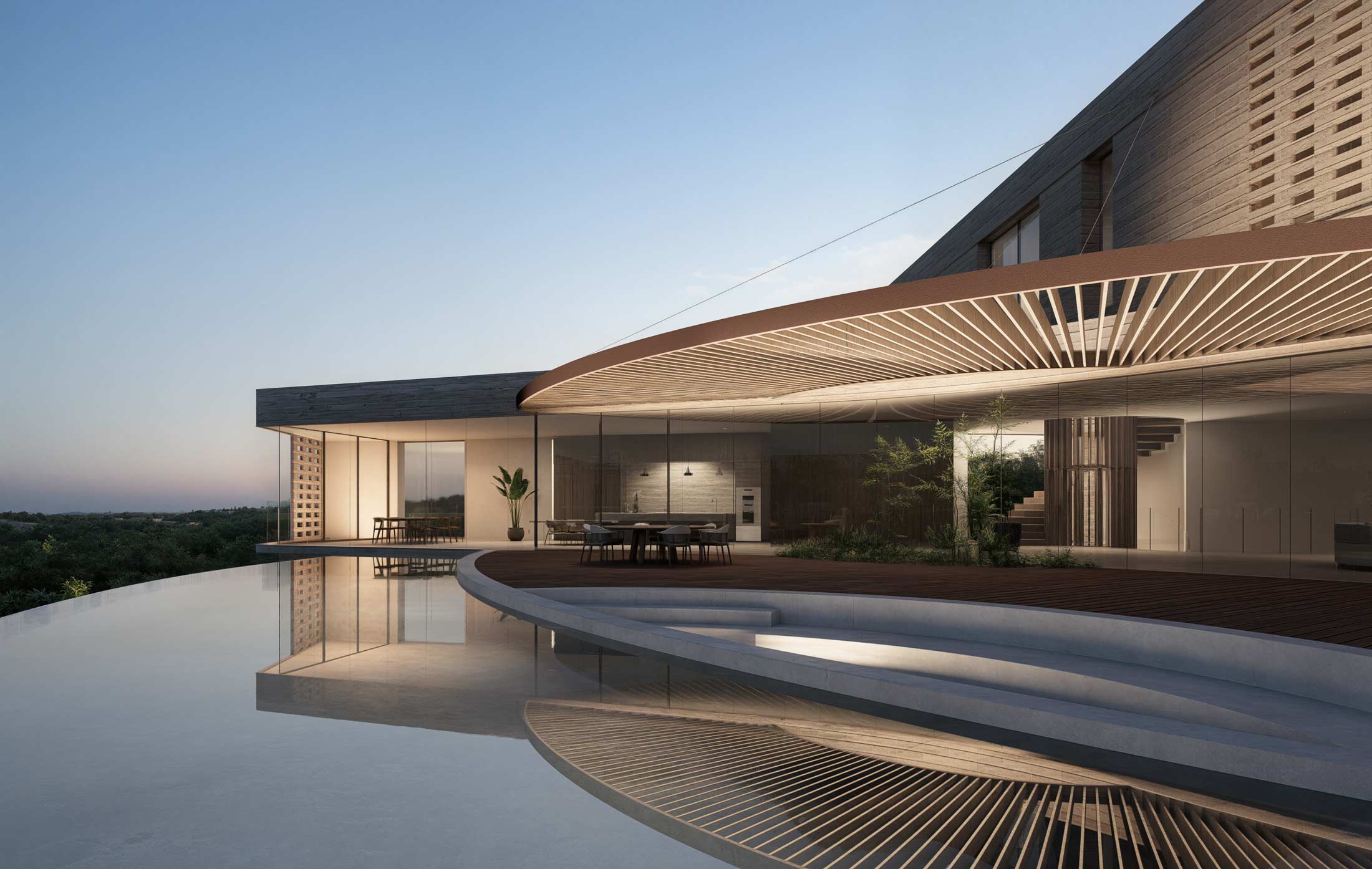 Modern residence with curved infinity pool, wooden deck, slatted pergola, and glass walls at dusk