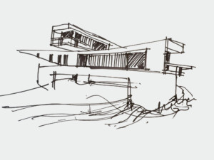 Ink sketch of modern cantilevered residence with horizontal planes extending over sloped terrain