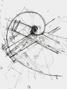 Conceptual architectural sketch showing circular forms with radiating lines in black ink