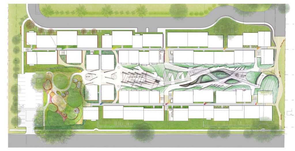Aerial site plan of residential development with buildings, central green courtyards, and colorful