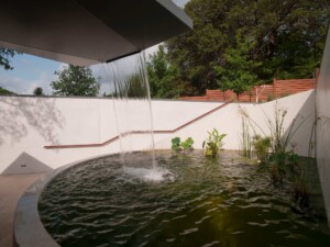 Curved pond with waterfall from cantilevered roof, aquatic plants, white walls and wood railing