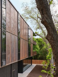 Modern building with weathered copper and glass facade nestled among mature oak trees