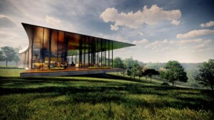 Modern pavilion with cantilevered roof, floor-to-ceiling glass walls, wood deck, and outdoor