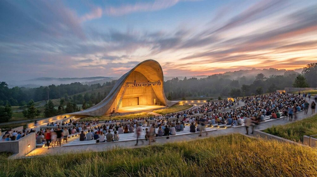 Curved concrete amphitheater with wave-shaped canopy at dusk, crowd seated on terraced grass lawn