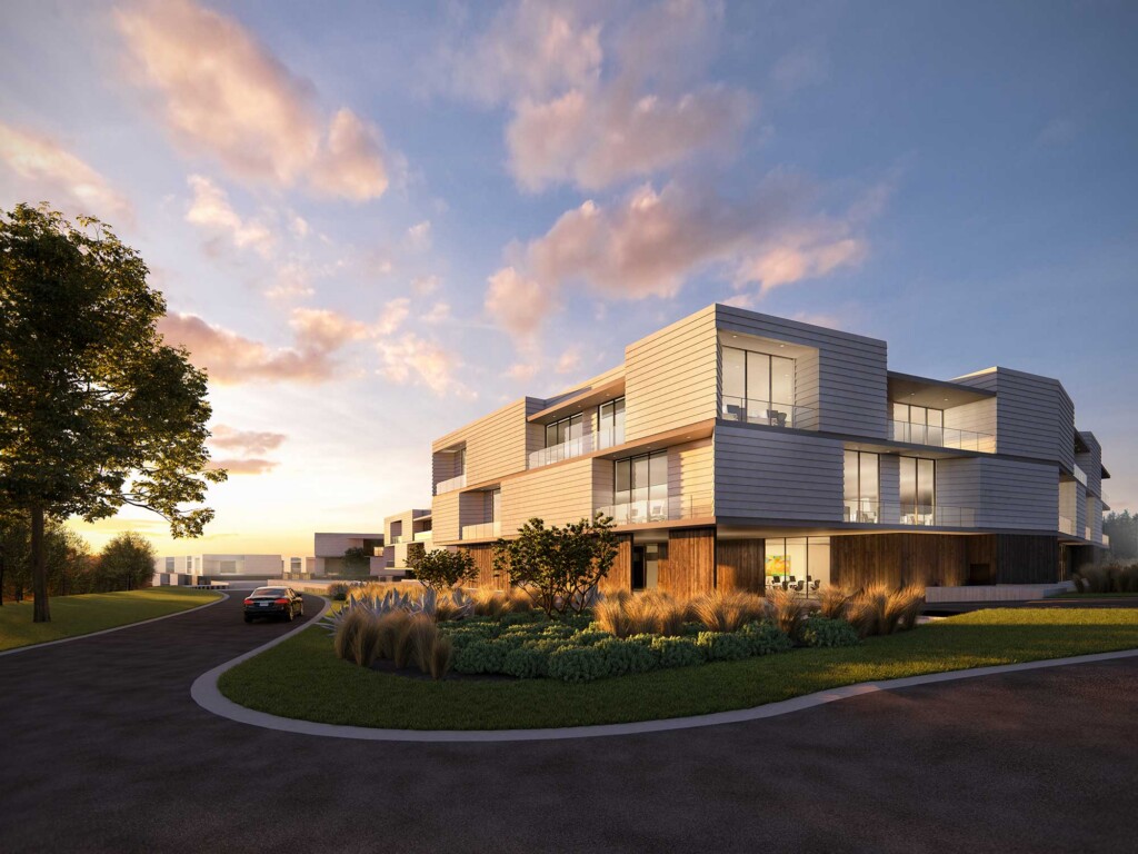 Modern multi-story office building with white and wood cladding, balconies, landscaped grounds at