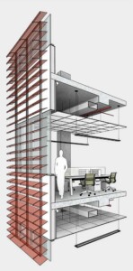 Sectional diagram showing office interior with exterior louver screen, concrete slabs, and human