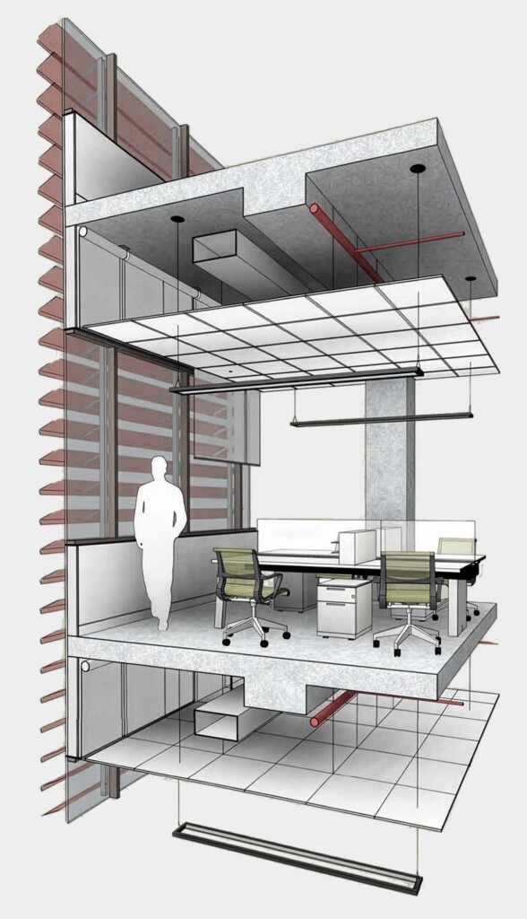 Cutaway axonometric diagram of office building showing facade louvers, workspace interior, and