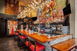Bar interior with wood countertop, red upholstered stools, golden bird sculptures, and colorful