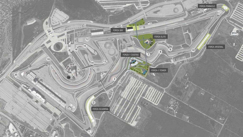 Aerial site map of racing circuit showing track layout with numbered turns and labeled hospitality