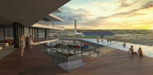 Modern terrace with pool overlooking racetrack, glass floor revealing car showroom below, sunset sky