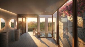 Woman relaxes by sunken pool in minimalist spa with floor-to-ceiling windows overlooking Austin