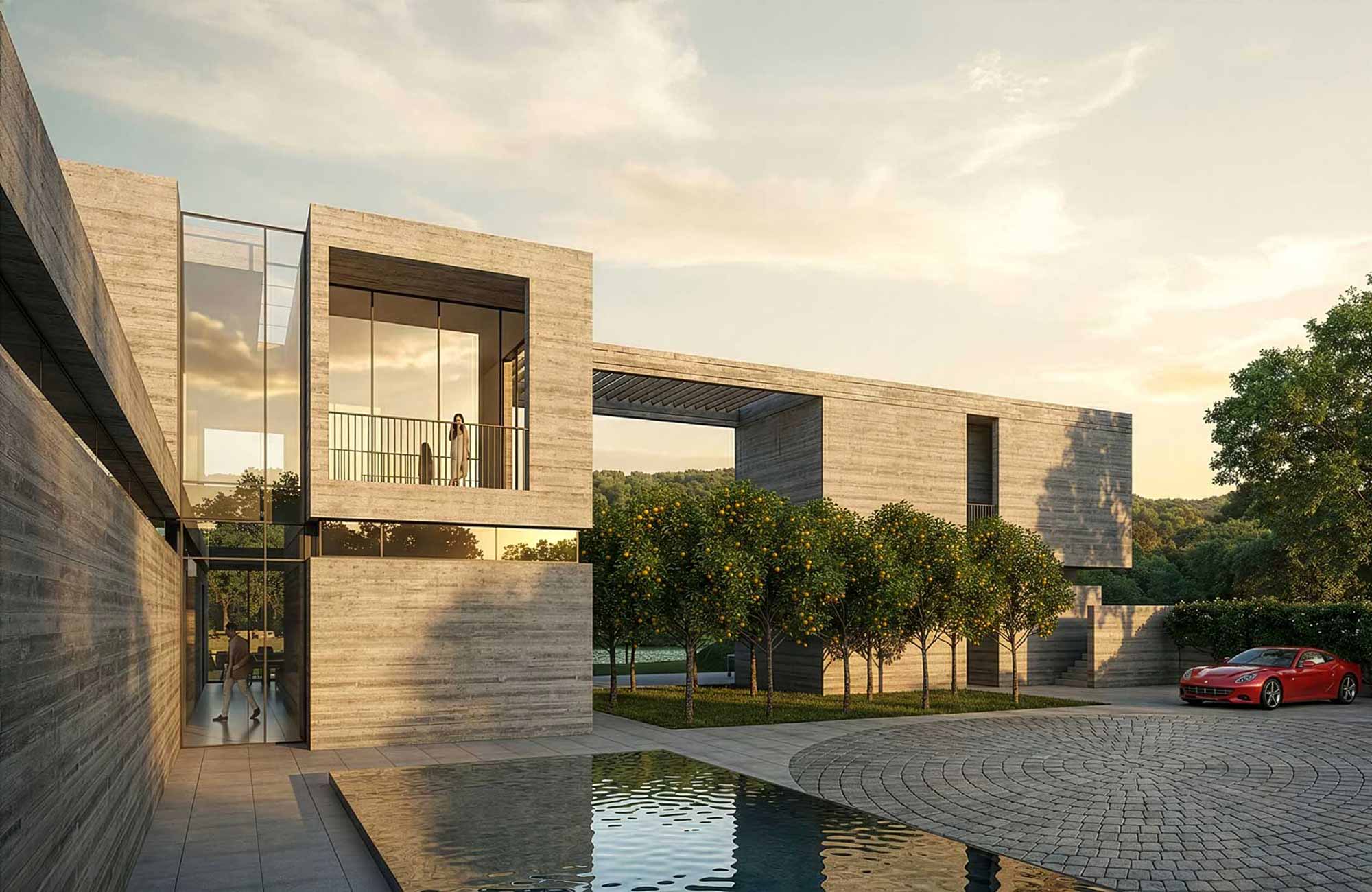 Modern concrete residence with glass walls, balcony, reflecting pool, citrus grove and red sports