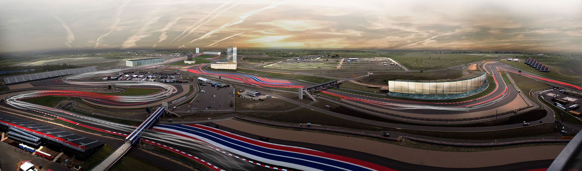 Aerial panoramic view of Circuit of the Americas racetrack with winding course and modern facilities