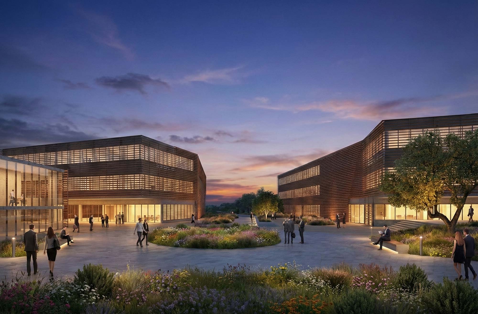 Modern office complex with slatted wood facades, central courtyard with wildflower gardens at dusk