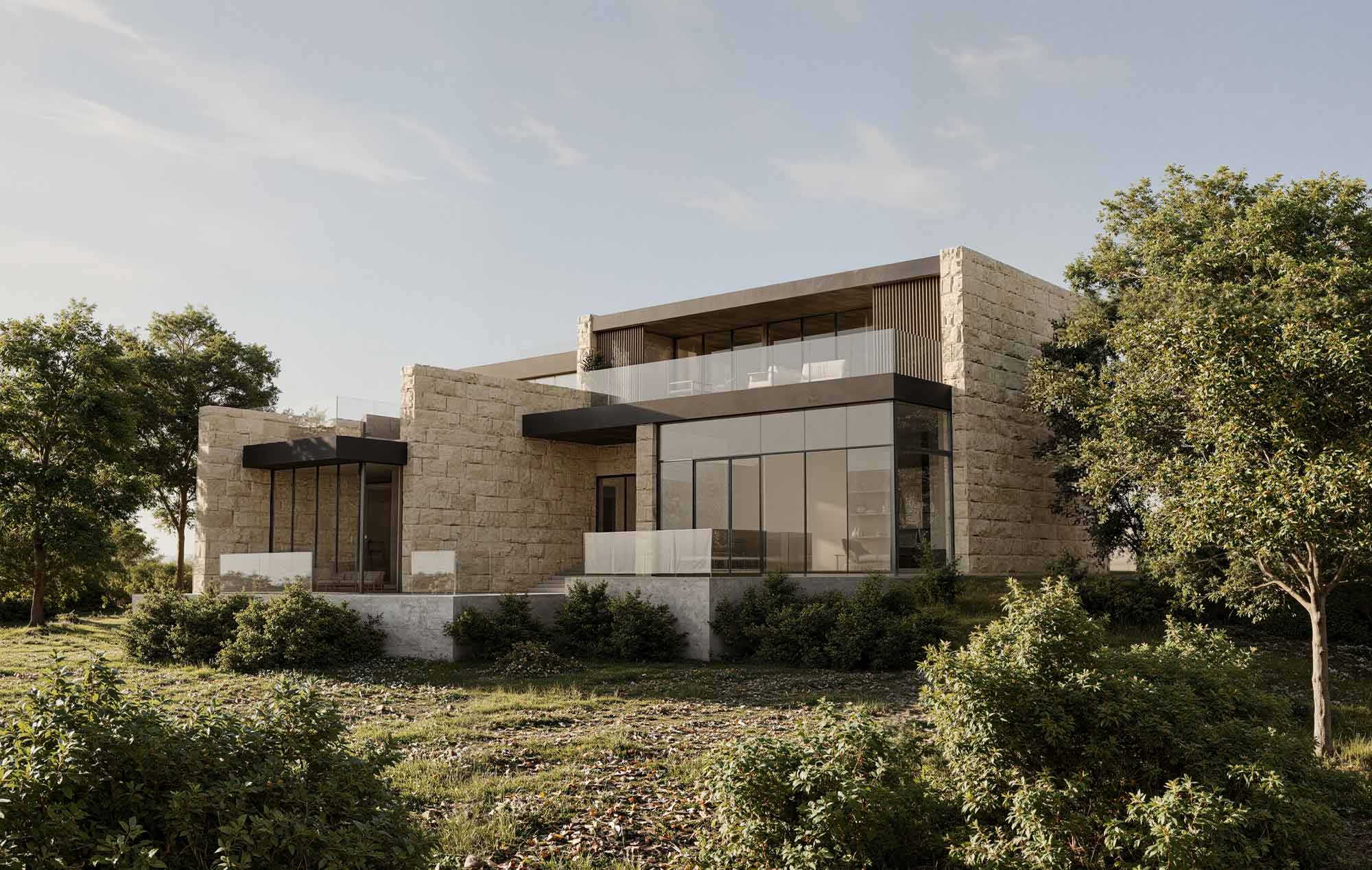 Austin TX luxury modern home with stone facade, large glass windows, flat rooflines and landscaped natural surroundings