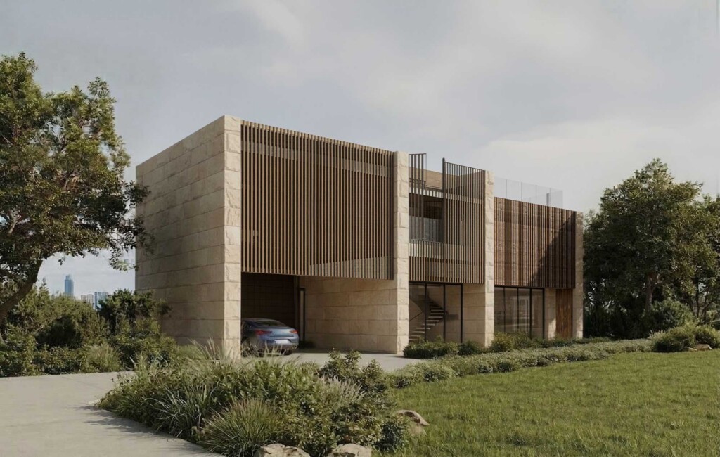 Luxury Austin TX residence with stone facade, vertical wood slats, large glass windows and landscaped front yard