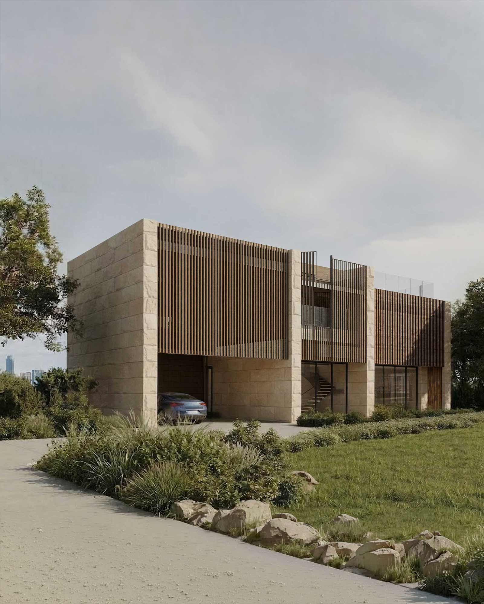 Luxury Austin TX residence with stone facade, vertical wood slats, large glass windows and landscaped front yard